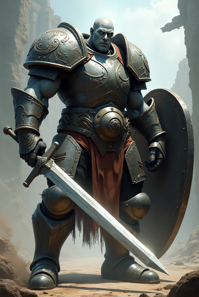 An RPG profile picture of a fighter class Goliath, baldie, gray skin pale blue eyes who uses a longsword with shield and heavy armor 