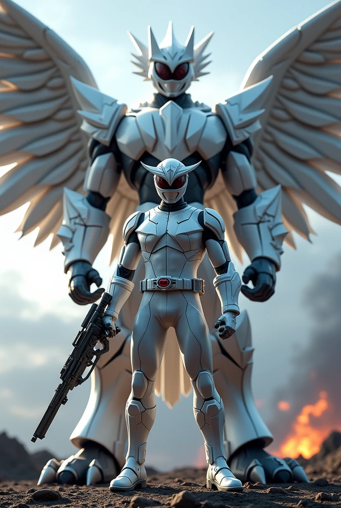 Power Ranger, White Eagle male ranger, full helmet, Full body suit + weapon, with White Eagle Megazord 