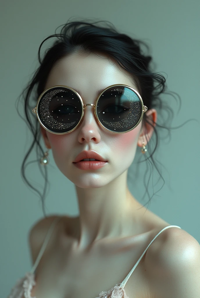 The model is wearing glass sunglasses with stars and the moon on the glass nude