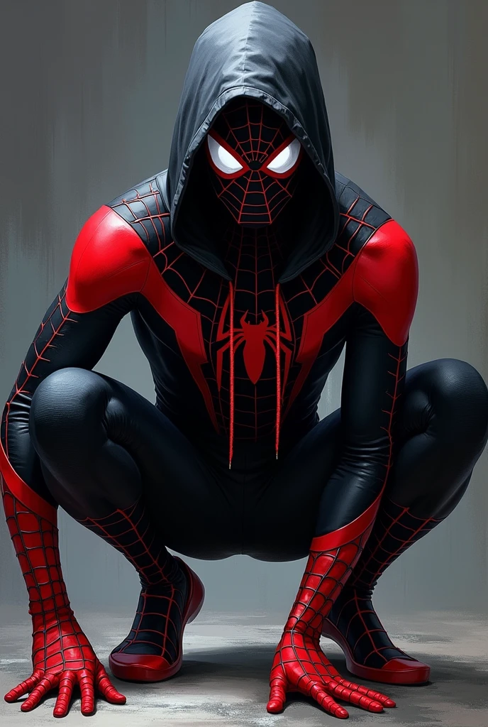 styled: drawning, Spiderman in black and red uniform, with black hood, in a classic spiderman pose 
