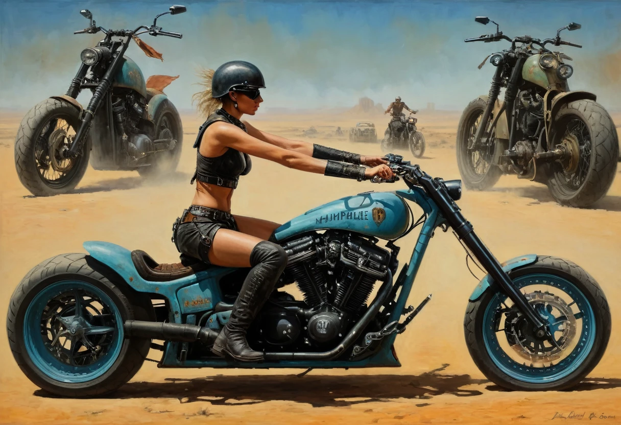 A vivid and detailed description of a dystopian sci-fi landscape with a huge, destroyed vertical metropolis. Mad Max post-apocalyptic punk bike, master painting in the style of Gerald Brom, oil on canvas Stalker girl on a Triumph Bonneville T100 motorcycle.