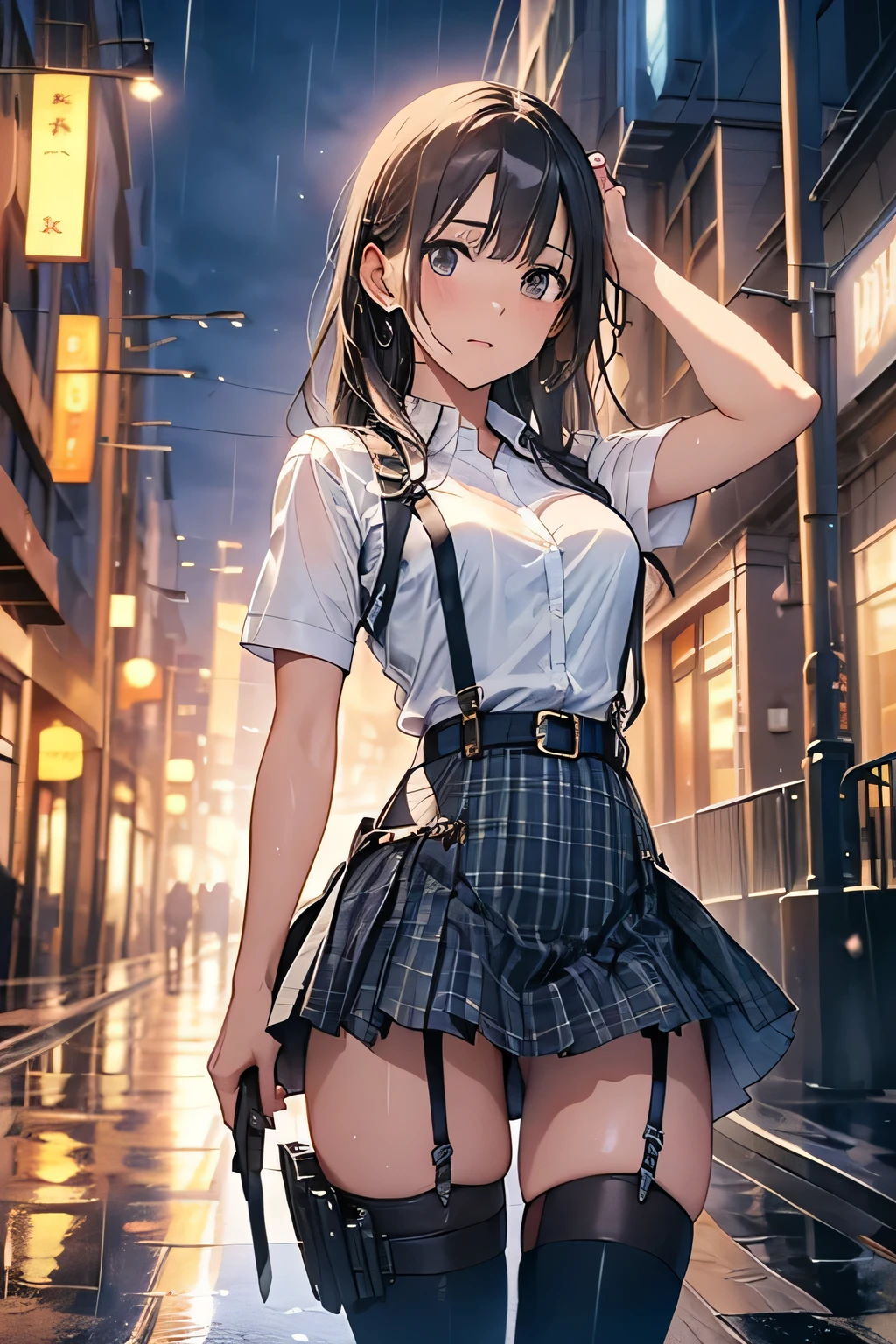 1 female, , high quality, masterpiece, Ultra-high resolution, Cinema Lighting, 1 female, , high quality, masterpiece, Ultra-high resolution, , Cinema Lighting, suspenders　　　Moderate breasts　 　 　　　　　 　　　　Small face　 　　　　　　　　　　　Looking up　　　　Sweat 　　　Thin belt　buzzer　脇Sweat 　　　　 　garter belt　　Belt on pants　　holster　 　　Hands behind your back　 　Looking up　Anxious face　Knee-high　Knee socks　Knee-highソックス 　garter　ふとももにgarter belt　Checkered mini skirt　 　　Panty shot　Skirt gap Armament　　　holster　holster 　　Hands behind your back　 Anxious expression　　Anxious face, legs apart　Armament　　Leg Holster　holster　See-through clothing　heavy rain　Rain-soaked dress shirt,Moderate breasts　ガーターbelt　suspenders　Garter on the thigh　Checkered mini skirt　Looking up　Pause　belt　Armpit sweat　Hands behind back　Raise your hands　heavy rain　See-through　Getting wet in the rain
