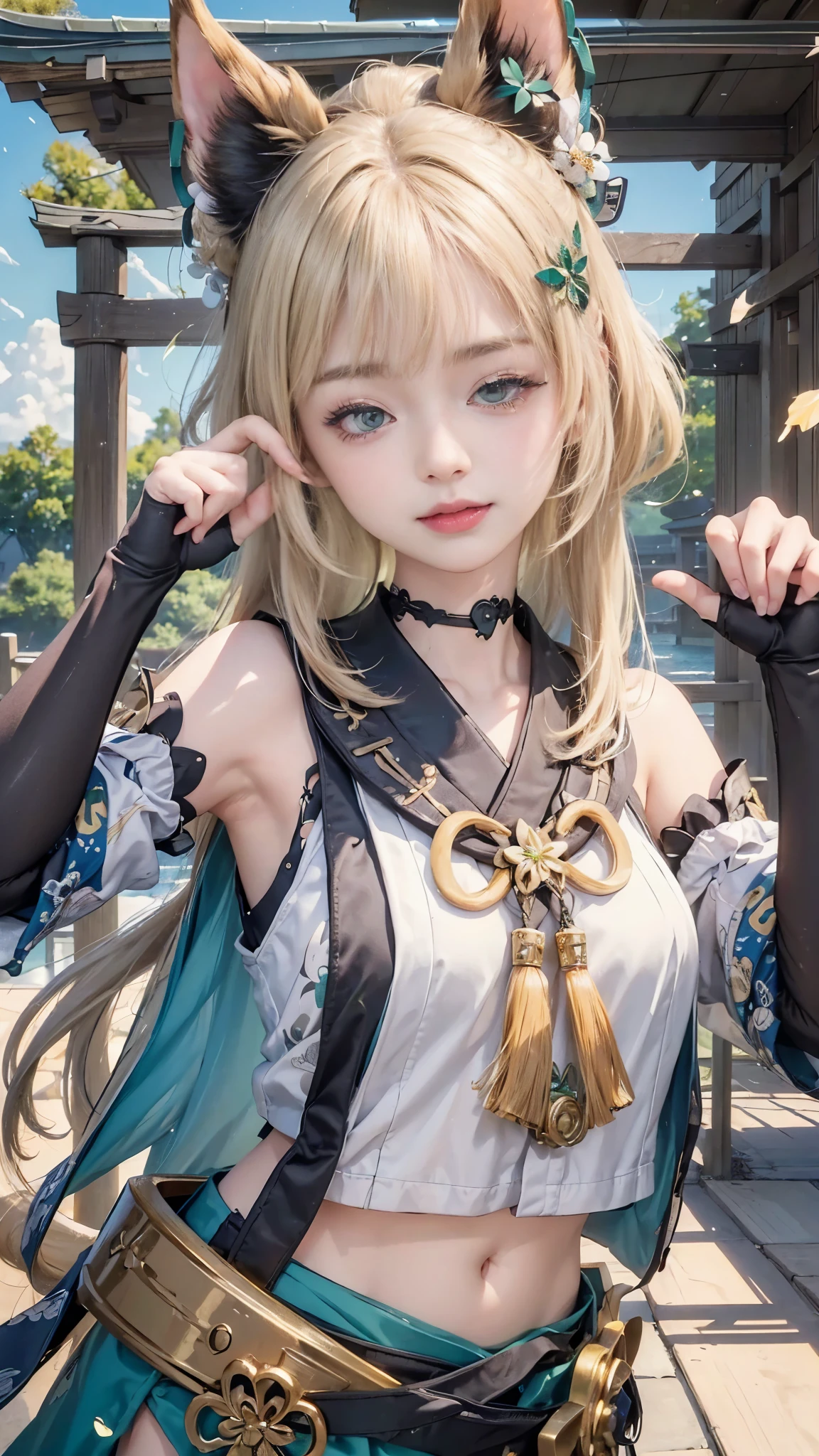 ((masterpiece)), ((highest quality:1.1)), 8k, ((super high resolution:1.2)), ((photorealistic:1.3)), RAW Photos, ((Japanese girl:1.1)), blondie hair and cat ears, old green extensions, hair blowing in the wind, ((glowing skin:1.2)), Oiran Makeup, old green with gold acent kimono, white and green pattern,cat fangs,green eyes.
This Japanese girl masterpiece showcases the highest quality in its 8k resolution. With a lifelike, photorealistic representation, every detail shines through in its RAW form. The girl is depicted as having long, blondie with cat ears hair that flows in the