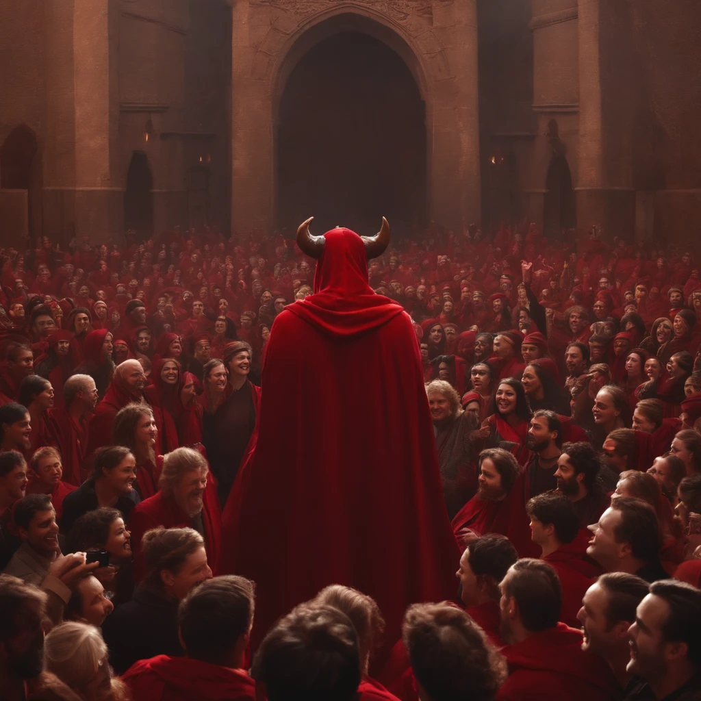 A devil smiling at humanity, six meters tall, his body color is very dark red, he stands in the middle of a crowd of people looking at him smiling, they are all wearing red cloaks 