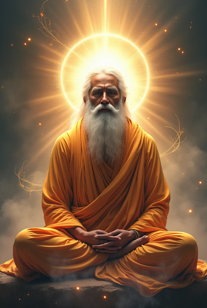 Divine Light : Guru Gorakhnath surrounded by a halo of divine light or energy, emphasizing his spiritual prowess and enlightened presence. In dall e-3 style