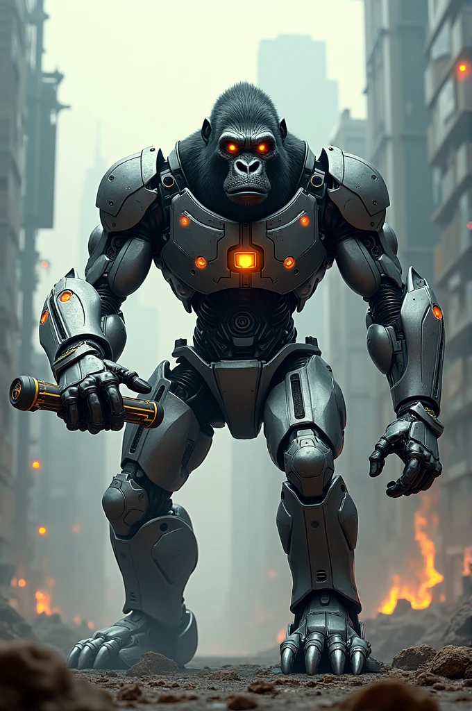 Gorilla robot holding an orange satay-shaped stick