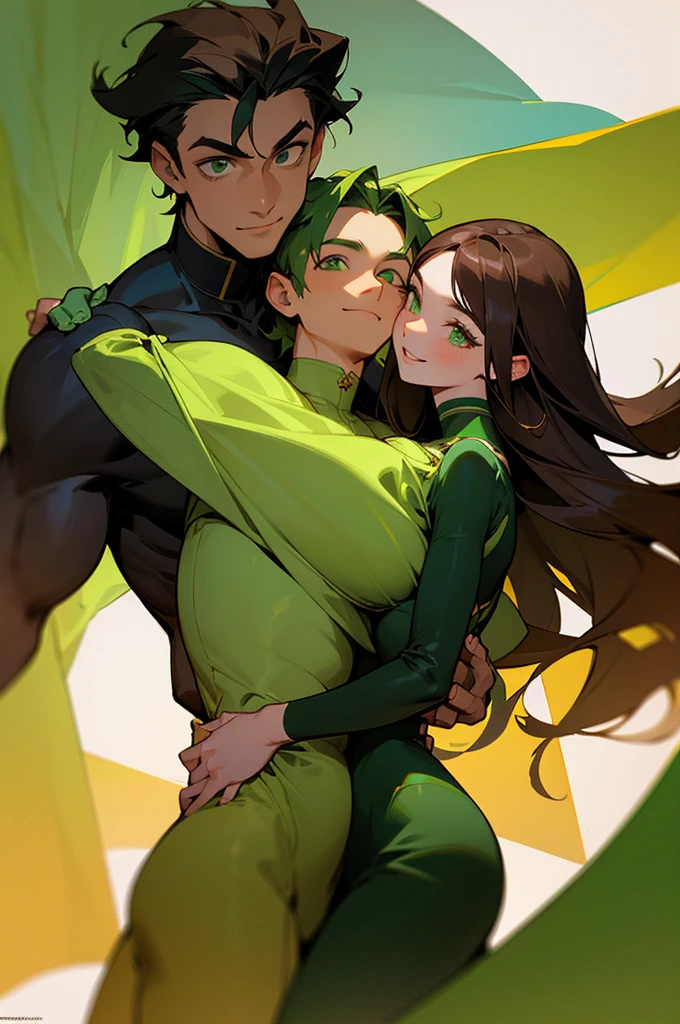 Portrait of a young, brunette couple in a warm setting, the man with rich, green hair and striking green eyes, his vibrant green attire enhancing his dark olive skin. He wraps his arm around the woman, her dark brown skin radiating against the deep green of her dress, her glossy brown hair cascading down her plump, smiling face. Her curvaceous figure contrasts with the lean, smiling man.