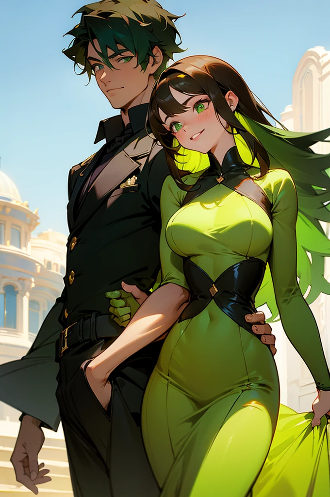 Portrait of a young, brunette couple in a warm setting, the man with rich, green hair and striking green eyes, his vibrant green attire enhancing his dark olive skin. He wraps his arm around the woman, her dark brown skin radiating against the deep green of her dress, her glossy brown hair cascading down her plump, smiling face. Her curvaceous figure contrasts with the lean, smiling man.