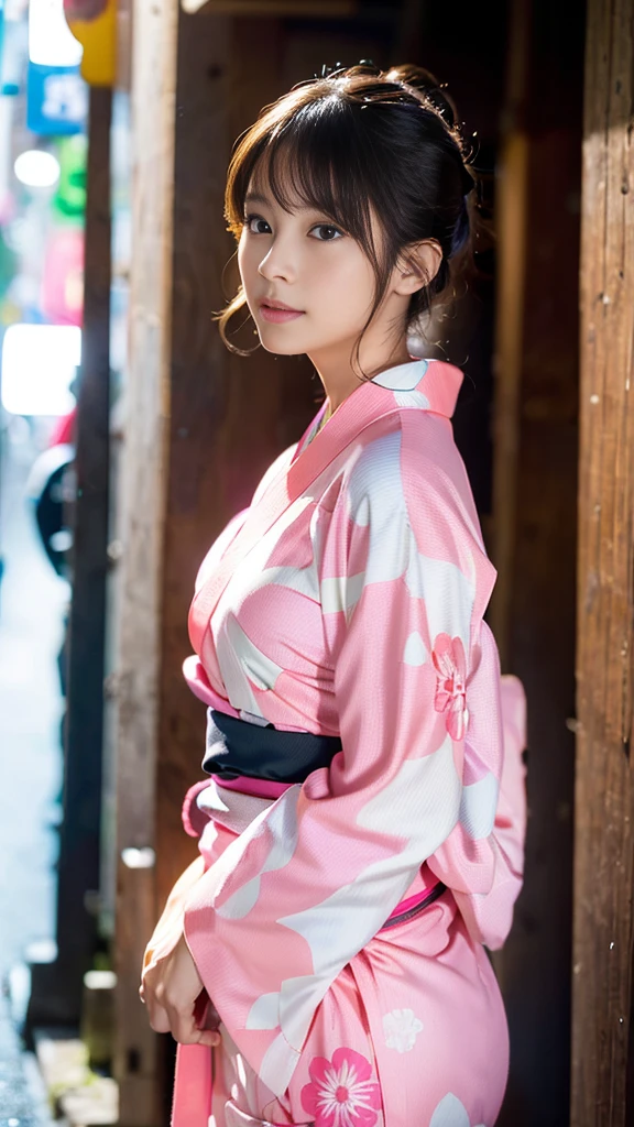 masterpiece, Highest quality,16K, Ultra-high resolution,The light and shadow of reality,Cinema Lenses,((Her waist is so slim and beautiful)),((High nose、Small Mouth)),((Clean and slim face line)),((Big dark eyes with long eyelashes)),((Very small face))((Very slim and beautiful arms)),((She is very thin and has a great figure)),((Pure white beautiful skin)),((Cute Japanese Girls)),(((She is wearing a bright pink kimono、yukata))),((Walking the streets of Tokyo)),(Beautiful Eyes:1.1),Reflecting clear eyes and a gentle smile,