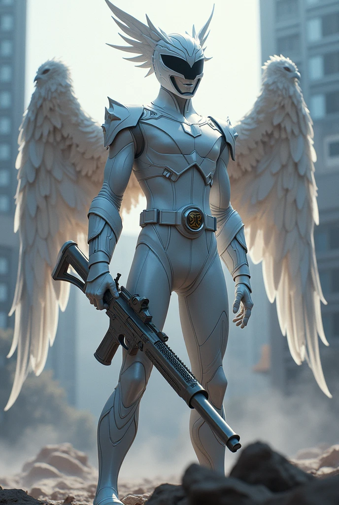 Power Ranger, White Eagle male ranger, full helmet, Full body suit + weapon, with White Eagle Megazord