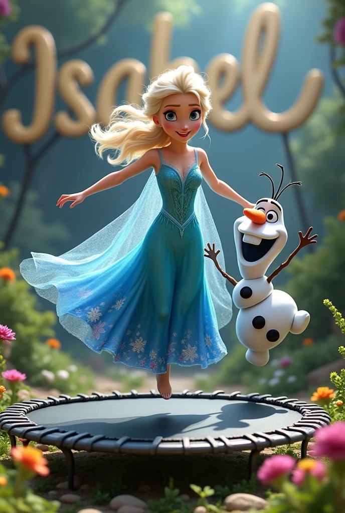 Elsa and Olaf jumping on a trampoline jump with the greatest number of details Elsa is in front,In the background is written Isabel