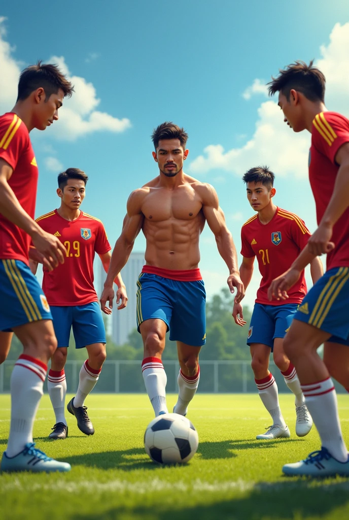 Several Asian male soccer players are in a circle kicking a ball. One of them is in the middle with his shirt off.