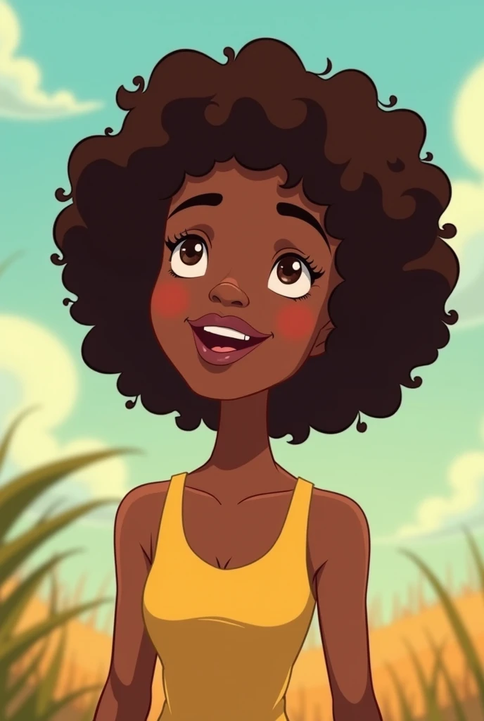 an animation in the style of the cartoon Hoda&#39;s Adventure, in which a black woman with brown hair is happy


