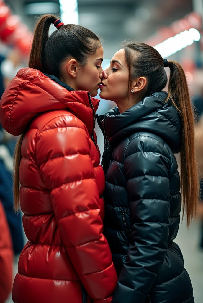  a slim ponytail 16 year old girl kissing her bestie,beautiful detailed eyes,beautiful freckles,beautiful detailed lips,extremely detailed eyes and face,longeyelashes,in beautiful detailed hooded  formfitting duvetica overfilled shiny super gleamy super thick glossy fully-unzipped puffer jacket covering her zipped super padded skisuit,latex  stirrup legging,symmetrical,standing in a pufferstore,masterpiece,cinematic,lifelike,hyperrealistic,8k,photorealistic,highly detailed,intricate,exquisite,elegant,beautiful,stunning, head to toes photo