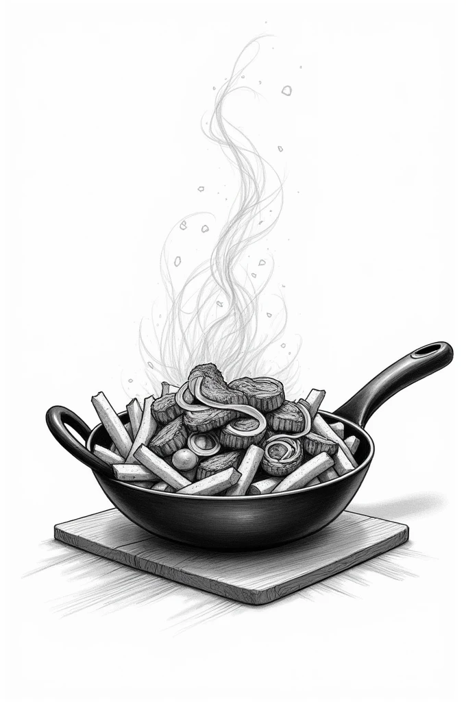 Black and white drawing of lomo saltado, a Peruvian dish
