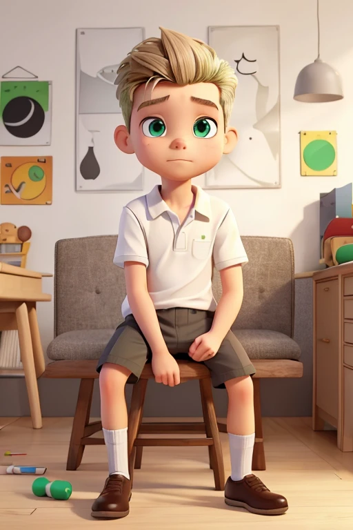 Create a realistic scene in a white, minimalist room. At the center, put a blond boy with a pompadour and green eyes sitting on a wooden chair with red upholstery. The boy must be wearing a hateful expression and wearing a black and gray striped school uniform.. Ao fundo, add multiple posters to the wall, drawn with colored chalk, showing a variety of simple designs, as abstract targets and standards. The scene should reflect a strong contrast between the boy&#39;s aggressive expression and the soft decoration in the background..