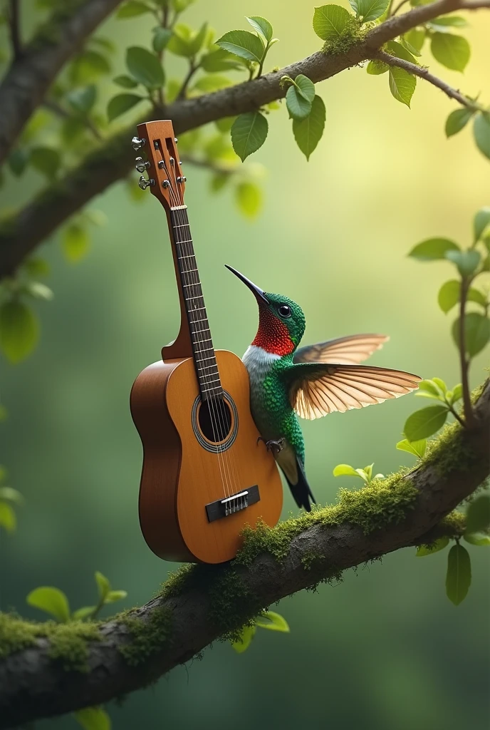 Hummingbird in a tree holding a guitar with one wing
