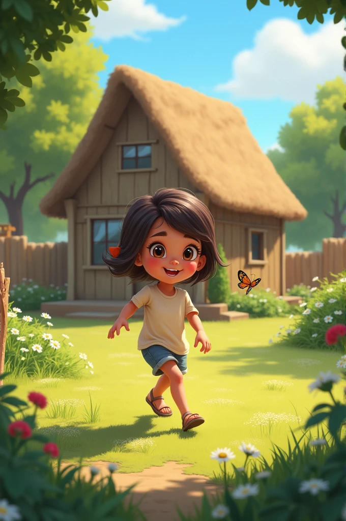 Rania is a girl who is playing in the yard of a house in a village.