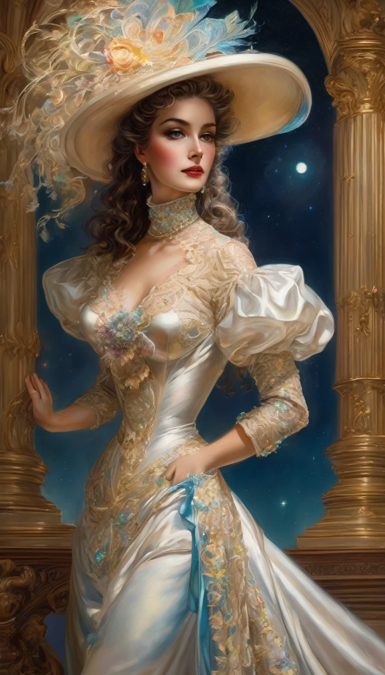 professional painting, painting in the style of Boris Vallejo, beautiful shining curls, chic iridescent openwork curls, beautiful lady of the early 19th century, beautiful face, in a hat, clothes of the early 19th century, full-length in a beautiful long dress, complex drawing of details, filigree, a lot details, depth Neon fractal glitter and sparks high quality digital technology, high quality fantasy. realism. 8k watercolor + ink. celestial::1 moonlight::1