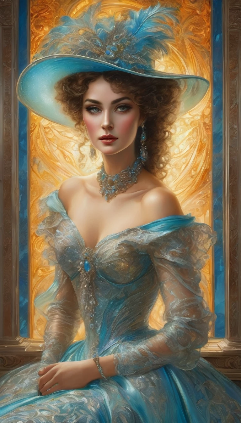 professional painting, painting in the style of Boris Vallejo, beautiful shining curls, chic iridescent openwork curls, beautiful lady of the early 19th century, beautiful face, in a hat, clothes of the early 19th century, full-length in a beautiful long dress, complex drawing of details, filigree, a lot details, depth Neon fractal glitter and sparks high quality digital technology, high quality fantasy. realism. 8k watercolor + ink. celestial::1 moonlight::1
