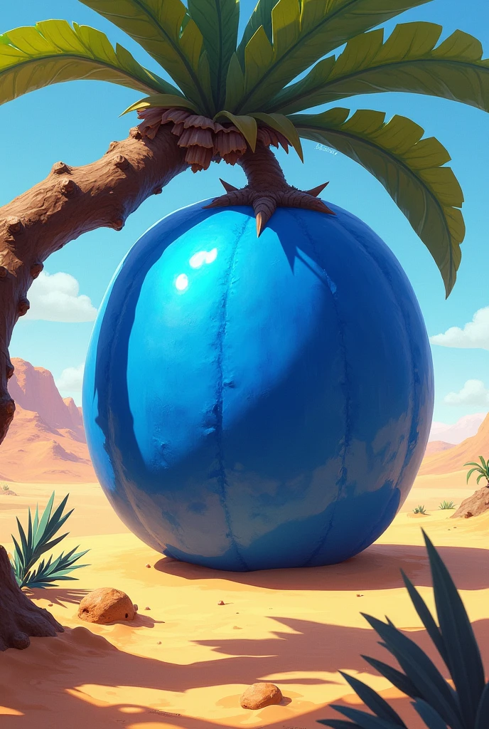 Create a square, blue fruit on a tree in a desert