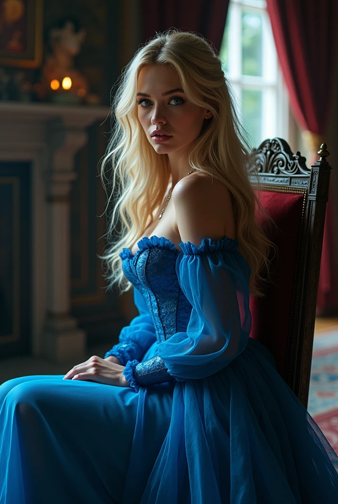 realistic, masterpiece, Expressive, Russian blonde, perfect face, blue dress, perfect, lush lips, flirtatious, looking back at the viewer, face down, Bottom view, sits on a chair, castle bedroom, a fireplace, piercing darkness style, detailed, Vector graphics, mystical and magical themes, Gothic and medieval elements, detailed backgrounds, aerial lighting, cinematic, very complicated, elegant, bright color, very exciting, epic, enhanced, Beautiful, clear focus, Futuristic, ambient, romantic, сюрrealistic, dramatic atmosphere