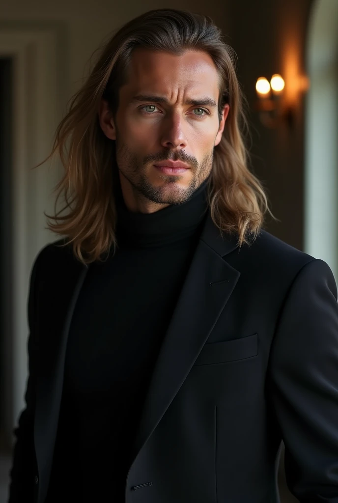 imagine a perfectly attractive 40 year old man. with a hypnotic beauty. Nordic man with flowing hair on his shoulder in an elegant black outfit in an enchanted atmosphere setting