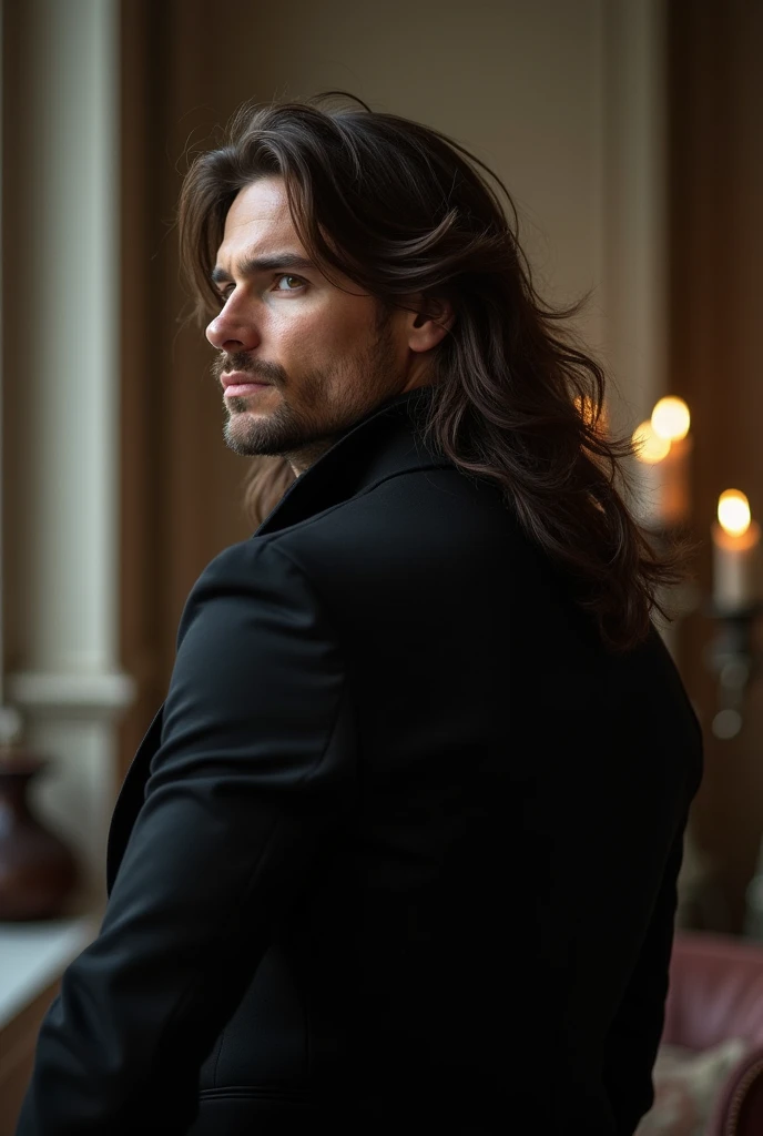 imagine a perfectly attractive 40 year old man. with a hypnotic beauty. Nordic man with flowing hair on his shoulder in an elegant black outfit in an enchanted atmosphere setting