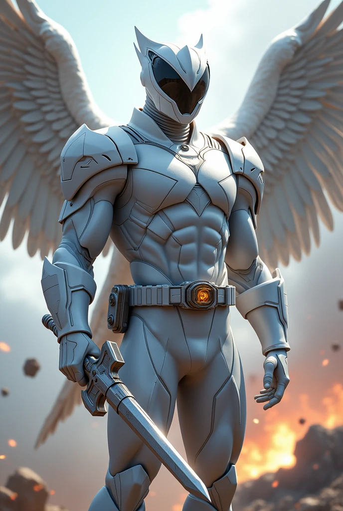 Power Ranger, White Eagle male ranger, full helmet, Full body suit + weapon, with White Eagle zord 