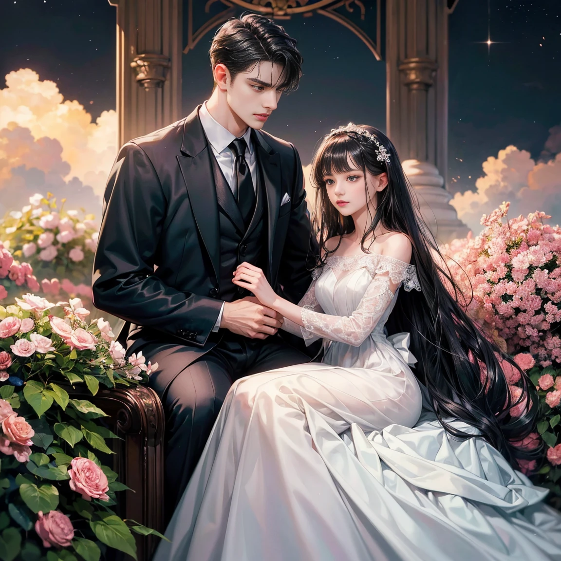 Happy couple, 1 girl 1 boy, Different hair color, Extraordinarily detailed face, A long black bow-tied bangs and brown eyes. A young woman with long hair and a hair clip. , A man with black hair, an open forehead, and dark grey eyes.,, Face to face, 35 years old, , (Young woman in white dress), (A young man in a black suit), Evening sunlight,The boy is tall, has broad shoulders, a sharp face, and fierce eyes., Height difference , Night background, decorated with lights, sitting, Looking at each other,Pink clouds, A land overgrown with flowers, Art Station Display, Ultra Wide Lens, high definition,