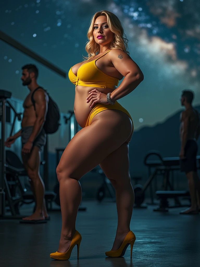 Stick your butt out and stretch, Full body photo from head to toe, Gym, voluptuous big buttocks, big G cup breasts, narrow waist, beautiful breasts, highlighting cleavage, yellow smoll thong panties and bra, wearing high heels, garter belt, face is Ultra-realistic, sensual woman, photographed, very dark makeup, pink lipstick, honey blonde hair, ice blue eyes with one naked man next to her, {{{masterpiece photography}}}, genetically modified to have the widest hips in the world with the smallest chest in the World, drop dead gorgeous bitch duo, 32 years old, Perfect lady duo, (sharp focus:1.5), photo, extremely attractive, with lots of bio-translucent slime & lime inflatable parts & and big puffy sleeves, and thick legs thighs hips, Dua Lipa as Megan thee Stallion as Vixen (from dc comics), Womancore, A (bottom-heavy, superior) body part, big widespread hips, shot on portra 120, synthwave, by DynastySeries FashionNova, ultra photo-realistic resolution, 80 mm, 8k uhd, highres, sharp focus, extremely detailed, cinematic lighting, exaggerated curves, chimera, 80 mm, A clear night sky filled with stars and the Milky Way visible, editorial, realism, with a tranquil mood. A beautiful woman, milf wearing power ranger suit, solo, big breast, looking at viewer, lime green catsuit, zipped catsuit, helmet, long sleeves, smile, wavy hair, standing by a calm lake reflecting the stars, in jungle, dramatic lighting, gigantic buttocks, looking up at the sky with a thoughtful expression, backpack, mountain sword, shot on Fujifilm, wearing comfortable, casual clothes appropriate for a summer night, analog photograph, professional fashion photoshoot, hyperrealistic, highest resolution, masterpiece, trending on artstation, krrrsty, sexy anime