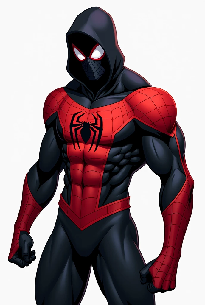 styled: drawning, Spiderman in black and red uniform, with black hood, in a classic spiderman pose