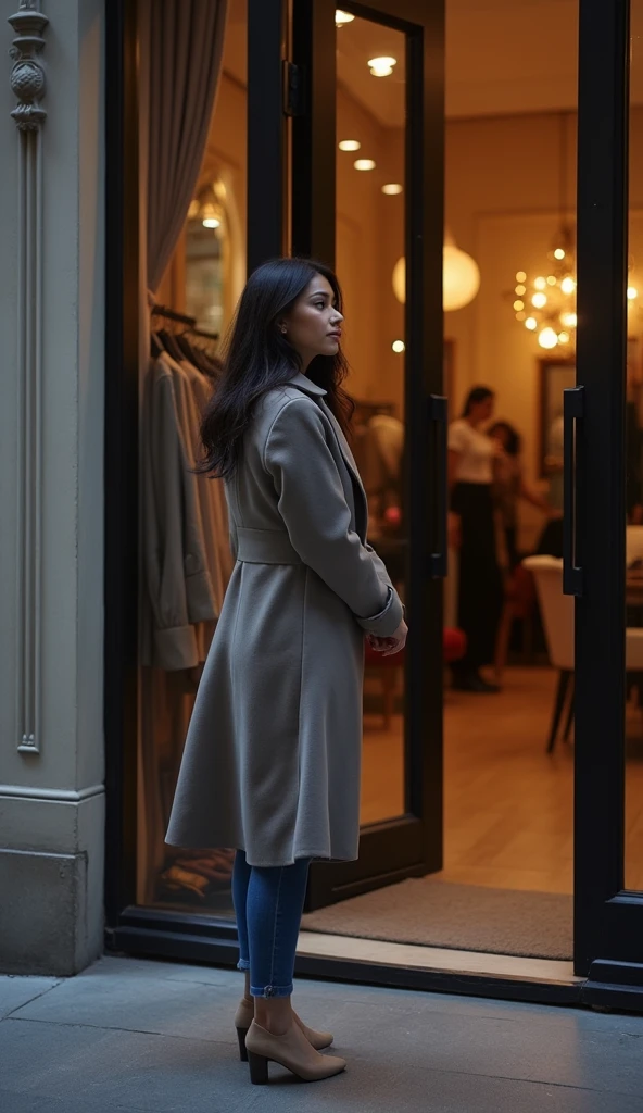 A woman in her early thirties, with dark hair, closing the door of a chic boutique on a quiet street. The boutique has elegant, stylish decor and is bathed in the warm light of evening. The scene should convey a sense of calm and modest sophistication