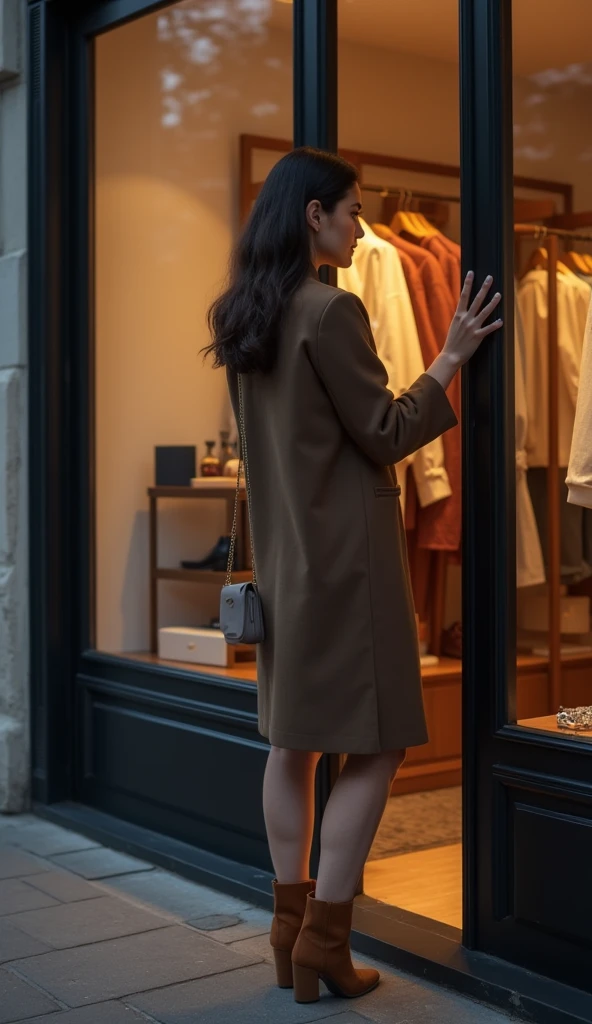 A woman in her early thirties, with dark hair, closing the door of a chic boutique on a quiet street. The boutique has elegant, stylish decor and is bathed in the warm light of evening. The scene should convey a sense of calm and modest sophistication