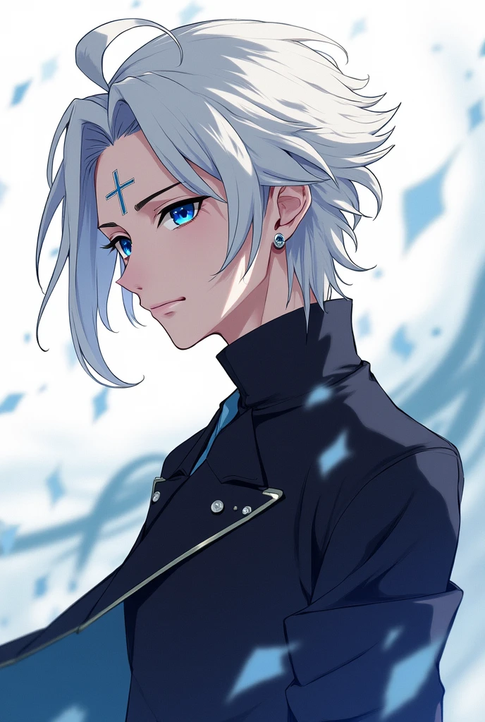 Chrollo Lucifer from Hunter X Hunter, without any cross tattoo on his forehead, without earrings either, with white hair and dark blue eyes, make the drawing very aesthetic and beautiful with a very beautiful line, in manga style, make him in a sideways pose, don't forget to make his eyes a very dark blue, and his clothes look like the Jujutsu uniform from the anime Jujutsu Kaisen