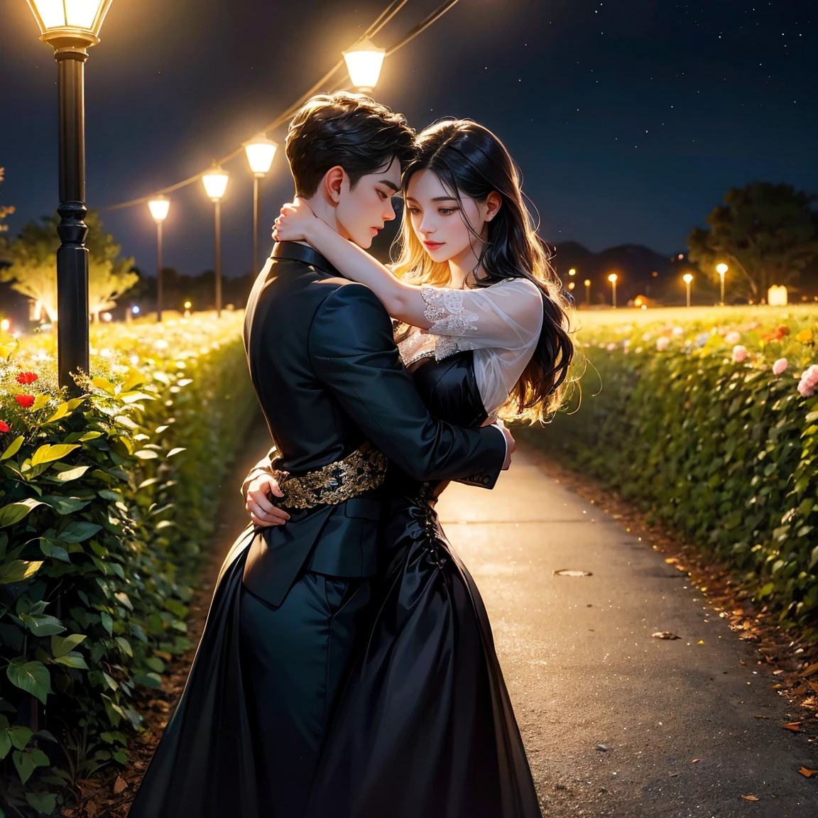 Night Flower Garden,Tyndall Light,Couples hugging each other,Black Short Hairstyles for Boys,handsome,A young woman with long, wavy black hair,black dress,footpath ,The lights are dim.