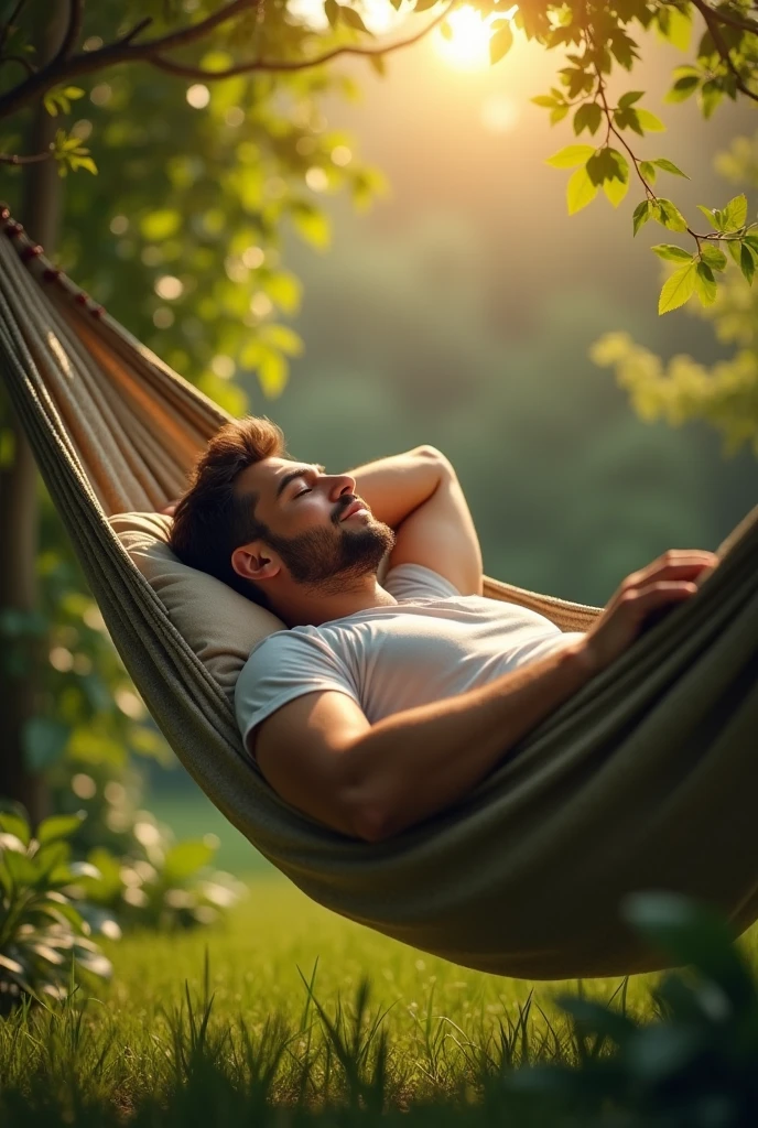Man waking up in the morning in a hammock in his backyard