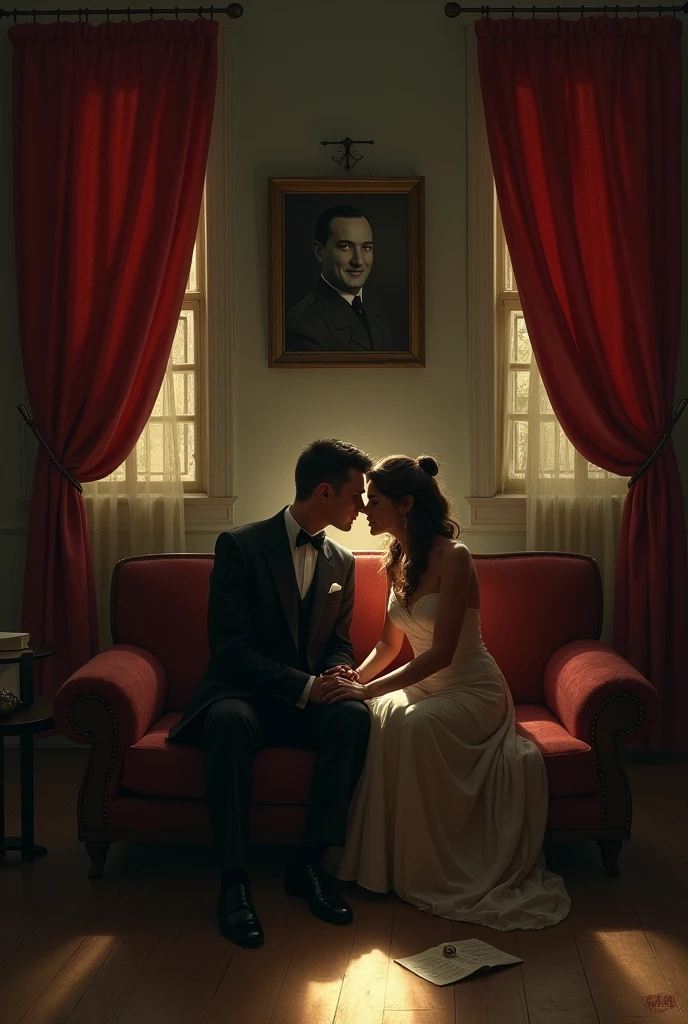 A ballroom, now plunged into darkness. The red velvet curtains are closed, letting through only a faint ray of light that illuminates a couple. USSR of the Third Reich, dressed in their gala outfits, They are sitting on an old sofa. Their eyes meet, full of a deep and melancholic love. A black and white portrait hangs over the fireplace, showing both of them in their youth, smiling with innocence. On a small table, An unfinished letter and a stopped pocket watch lie forgotten.
To emphasize the romantic and melancholic aspect, we can:
* Use warm and soft colors: pastel shades, Gold and burgundy can create a romantic and nostalgic atmosphere.