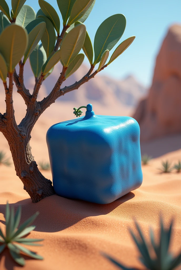 Create a small, blue, square fruit on a tree in a desert
