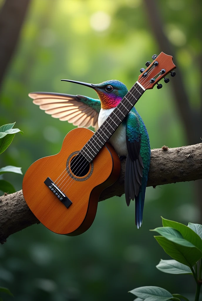 Hummingbird standing in a tree hugging a guitar with one wing