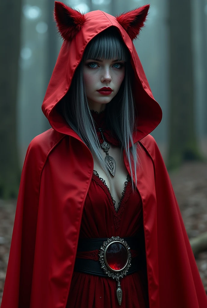 beautiful pale white skin blue eyes with black and white hair wearing a red cape and elegant red gothic clothes and wearing a wolf shaped hood