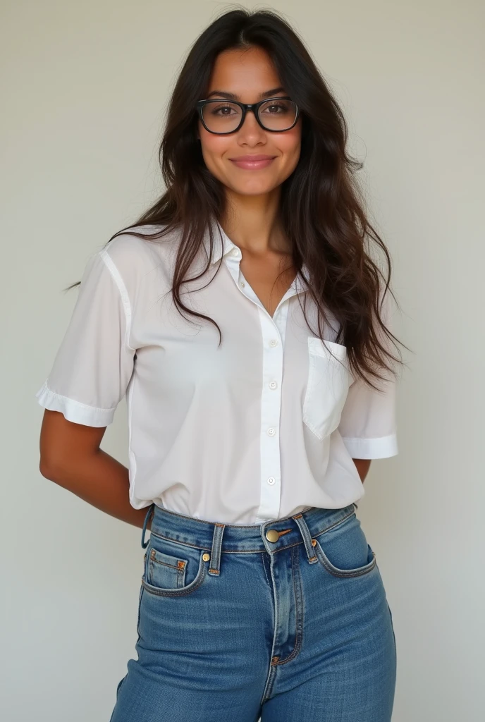 Tanned white student with medium breasts with huge ass and thighs wearing glasses and blue jeans and white uniform 