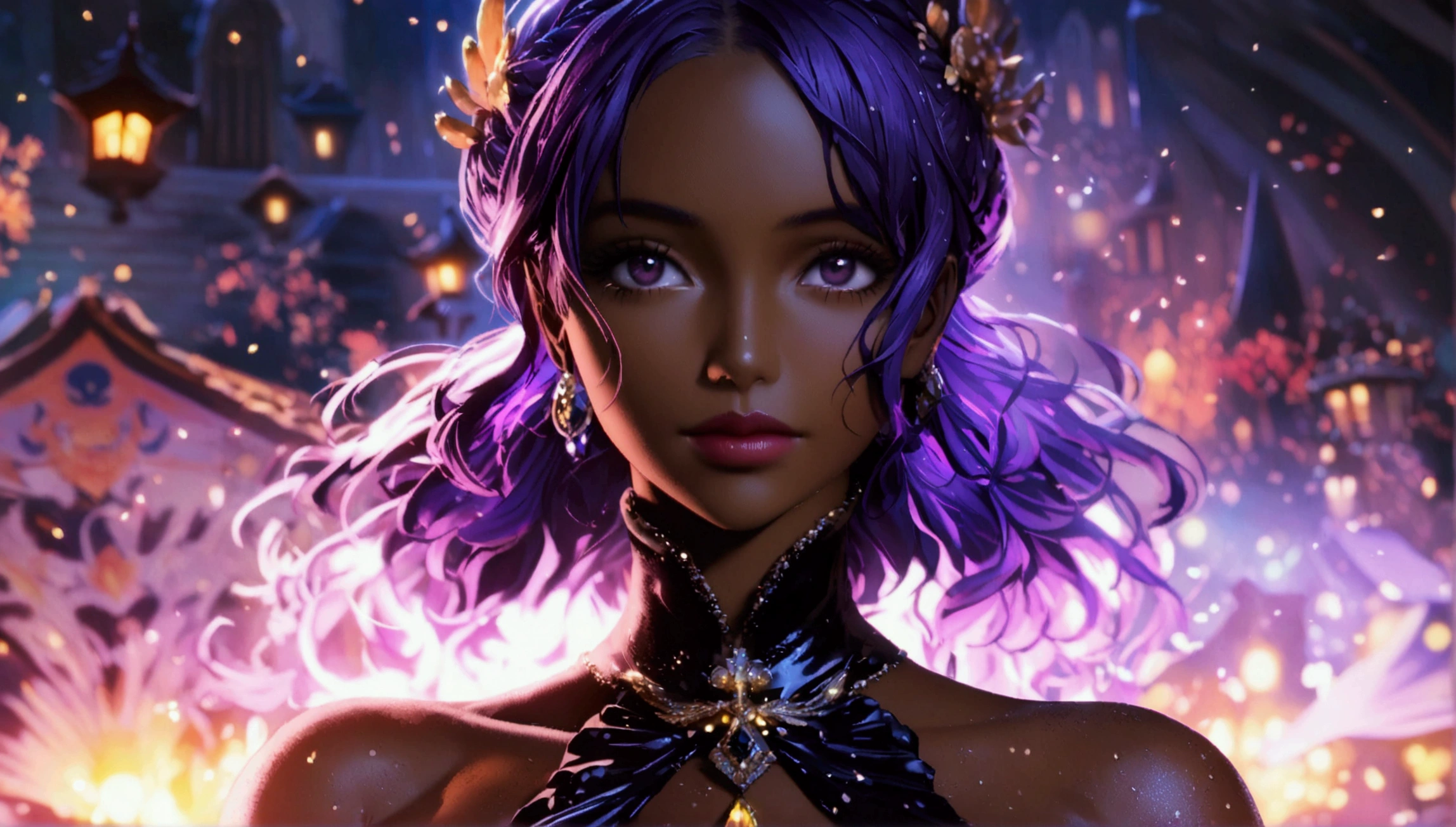 Woman, dark skin, vibrant purple hair, luxurious dress with high collar, calm expression, dark night scenery, "One Piece-inspired character design, stunning lighting, stunning focus, stunning face, creative details, ultra-fine 2D design, 4K scenery, boasting 2D anime resolution clarity, amazing anime resolution, high-octane rendering"