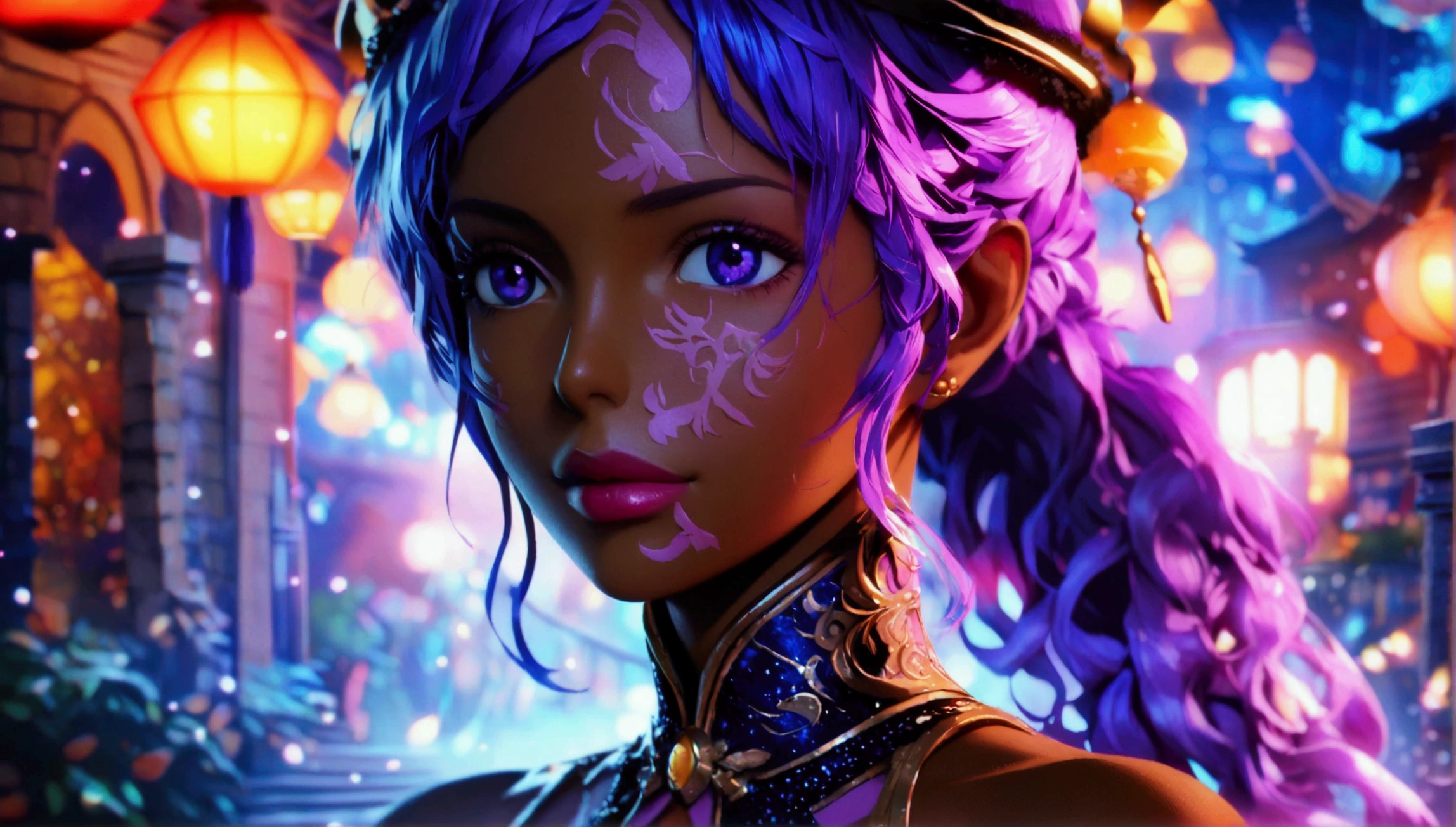 Woman, dark skin, vibrant purple hair, luxurious dress with high collar, calm expression, dark night scenery, "One Piece-inspired character design, stunning lighting, stunning focus, stunning face, creative details, ultra-fine 2D design, 4K scenery, boasting 2D anime resolution clarity, amazing anime resolution, high-octane rendering"