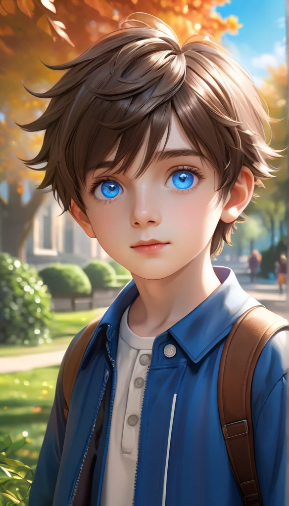 a cute young boy, realistic blue eyes, in a park, detailed vegetation, detailed clothing, sunlight on face, falling leaves, fluffy clouds, best quality, 4k, 8k, highres, masterpiece:1.2, ultra-detailed, realistic, photorealistic, photo-realistic:1.37, HDR, UHD, studio lighting, ultra-fine painting, sharp focus, physically-based rendering, extreme detail description, professional, vivid colors, bokeh, portrait