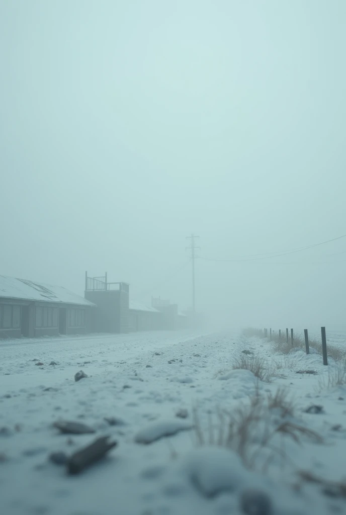 fog、Blur、Not clear、blurred、fog、
There is snow nearby、Flat terrain、horizon、horizonにビルが並んでいる、low quality、Like a photograph、Dilapidated、Nobody is here、Creepy、core、apocalypse、