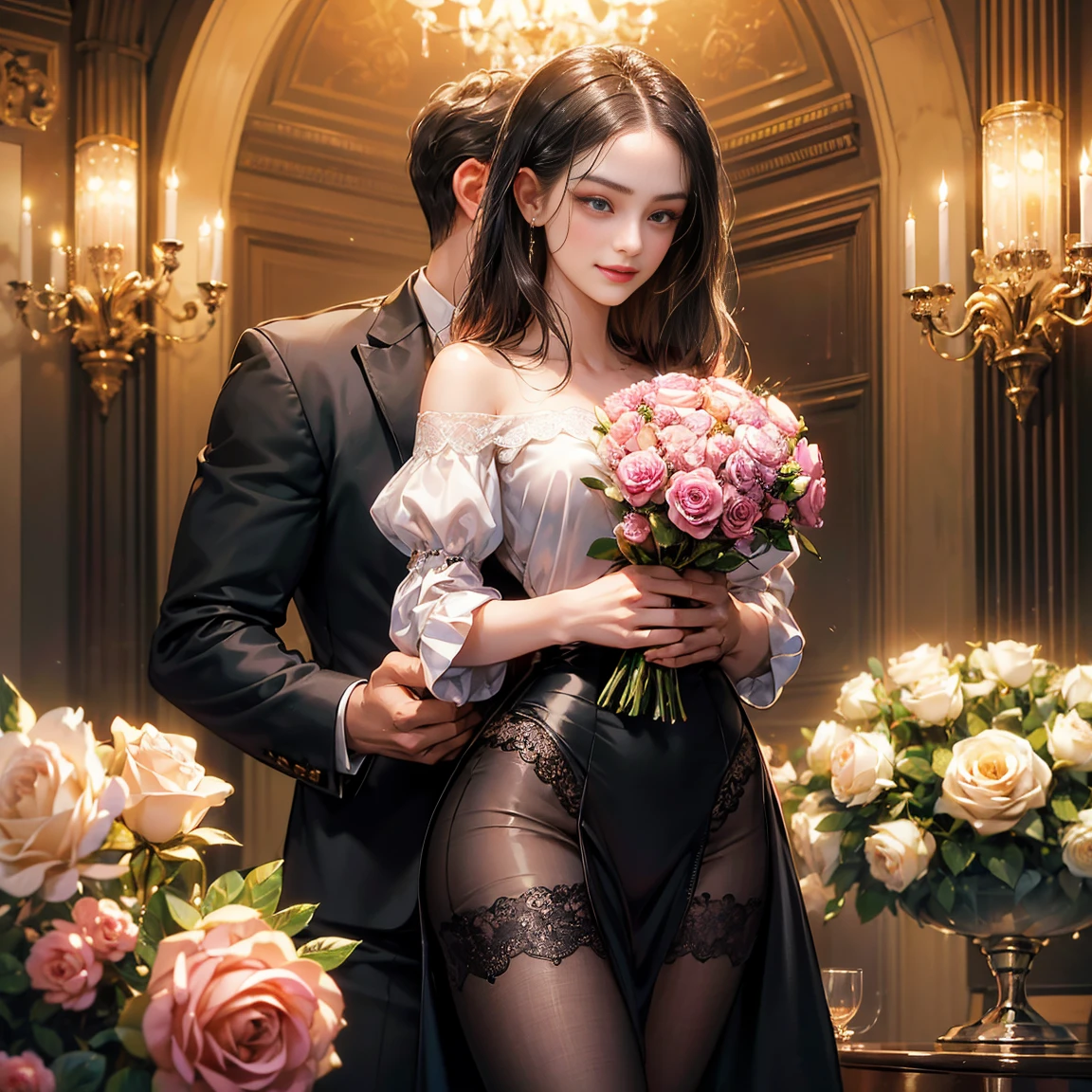 (masutepiece, Digital Art, Digital Illustration, 4K, 8K, Ultra-detailed, beautiful image, Sharp Image, Photorealistic, Raw photo, Perfect face, Perfect lines, Perfect eyes, Soft lighting) 1 woman, (Long Black Hair,straight haired,Bullish gaze,Beautie,ellegance,Mode system,Onepiece,Solid makeup,23 y-o woman,:1.3),Two handsome men in suits, (ember,Men in suits,well-muscled,Firm shoulder width,Adult male,Boyish hairstyle,English gentlemanly style,Man in his 30s with a cool expression,28-year-old man with bright smile:1.2),Antique furnishings,Antique Clamps,Antique chair,chandeliers,Crystal Glass,Luxury,fantastical light,Marble fireplace,(embarrassed from,Shy smile,Bouquet of pink roses:1.2),Antique sofa,Leather sofa,Crying face,Crying in frustration,Beautiful tears、the kiss、kiss、a couple、couple kissing、Romance、ssex、have sex、Wet pubic area、insert 、Rape、Overflowing、Full body painting,(One Girl And One Man,Having sex:1.5),(ember,Adult male,Rubbing the girl's :1.2),Cheek dyeing、gasping face、embarrassed、boredom、begging、Unhappy、Greedy expression,Wet pubic area、 xen、Open your crotch wide、Cowgirl、Fluttering chest、Wet shirt、Sheer black lace underwear、Underwear to take off、