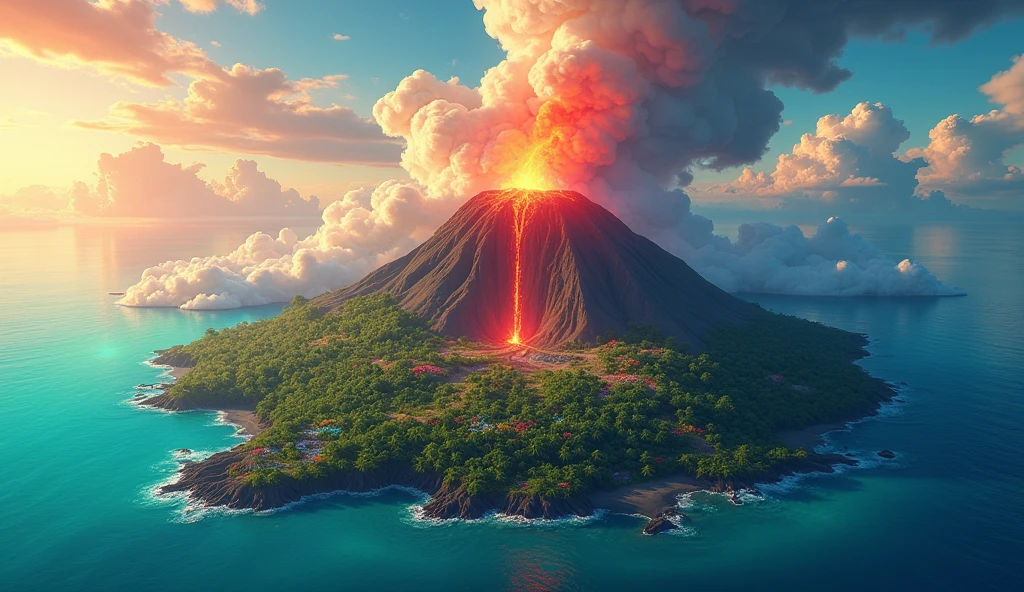 "Imagine a breathtaking drone shot of a vibrant volcanic island, where the lush greenery contrasts sharply with the fiery reds and oranges of the erupting volcano. The sky is a canvas of dramatic clouds, swirling in shades of purple and pink, illuminated by the golden rays of the setting sun. Below, the turquoise waters reflect the vivid colors of the sky, while the island's rugged terrain is dotted with colorful flowers and exotic plants, creating a fantastical landscape. The scene is alive with energy, capturing the essence of an anime world filled with adventure and beauty."