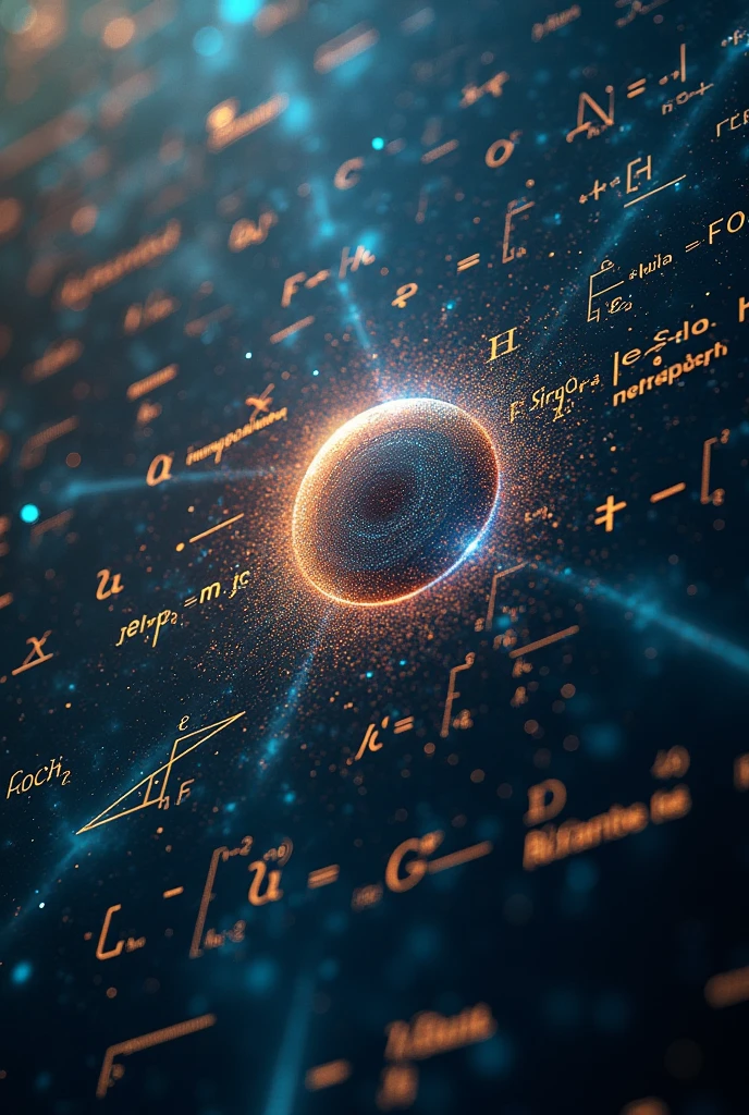 Generate a beautiful image with math physics formulae and équations on the whole background