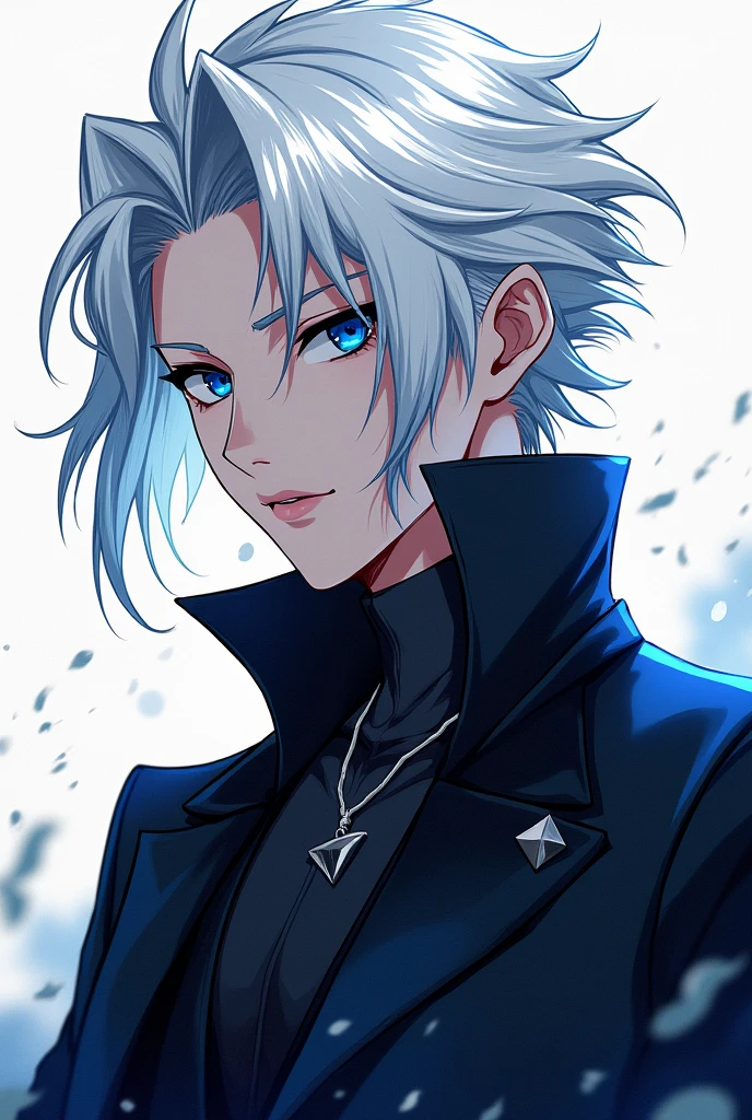 Chrollo Lucifer from Hunter X Hunter, with white hair and dark blue eyes, make the drawing very aesthetic and beautiful with a very beautiful line, in manga style, make him in a sideways pose, don't forget to make his eyes a very dark blue, and his clothes look like the Jujutsu uniform from the anime Jujutsu Kaisen